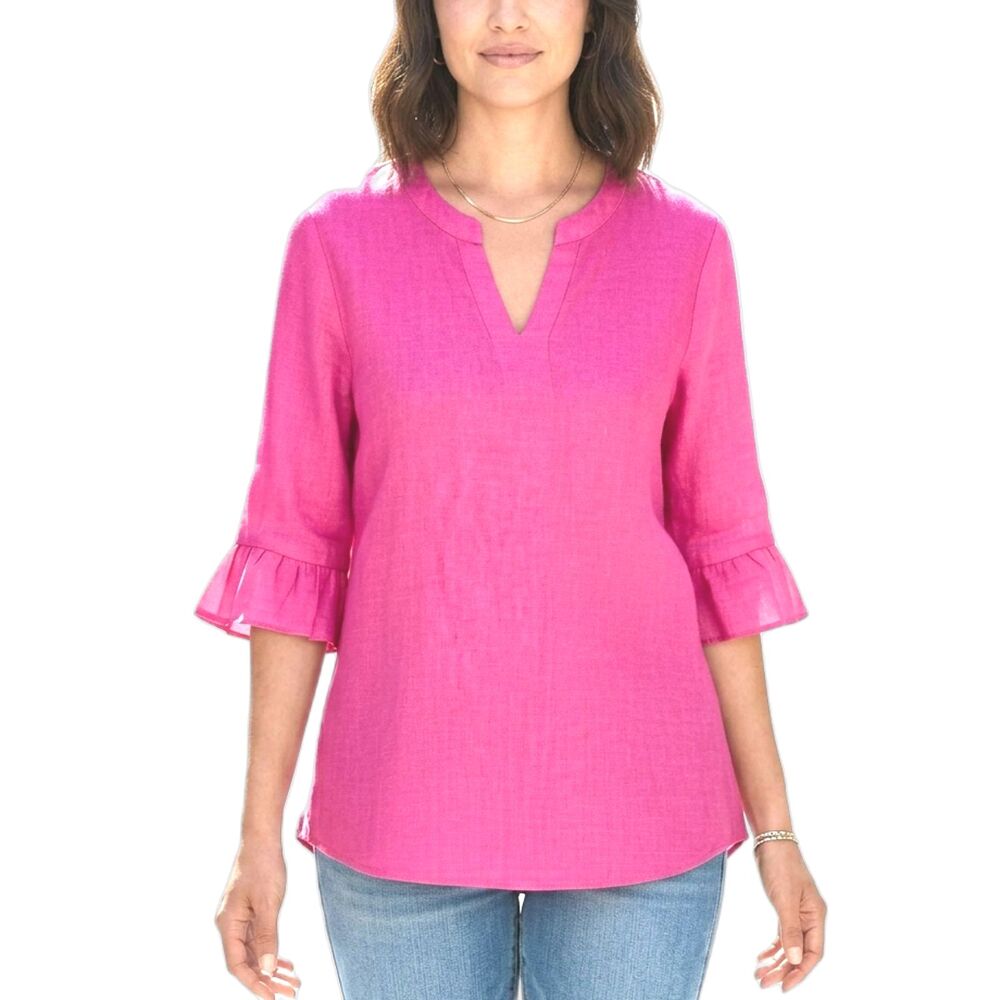 LANDS END Top Pink Linen Light Tunic V-Neck 3/4 Sleeves Size Women Medium US